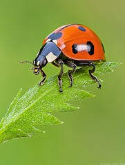 Fototapeta premium Ladybug on Green Leaf in Bright Light