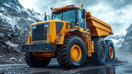 Obraz premium Large yellow dump truck on a rugged, snowy road.