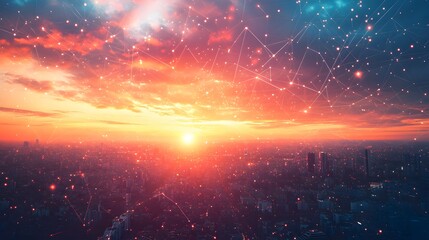 Lines and dots as wireless connection technology icons in the sky over city at sunset. 