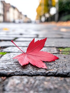Single Red Maple Leaf on Cobblestone Ground