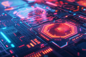 Obraz premium cyber tech background wallpaper with Futuristic digital interface with transparent layers, hexagonal grids, and holographic icons glowing in a neon blue hue.