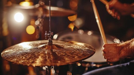 Obraz premium Close-up of drummers hands playing the drums during jazz performance. motion blur and focus on drumsticks