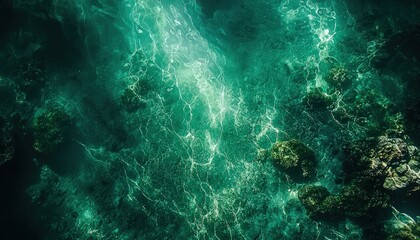 Fototapeta premium Underwater view of a dark green stone texture background, evoking a mysterious sea floor ambiance with natural patterns.