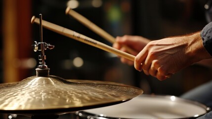 Obraz premium Close-up of drummers hands playing the drums during jazz performance. motion blur and focus on drumsticks