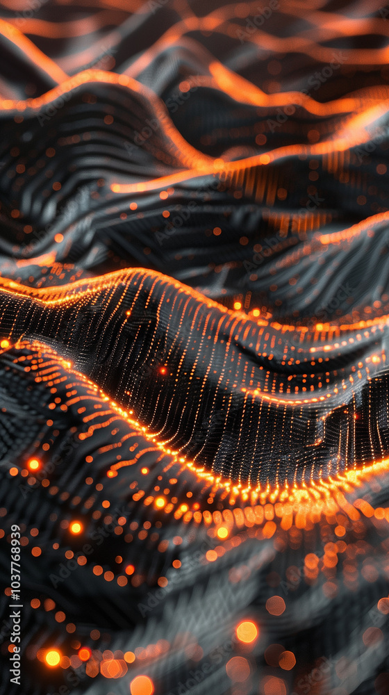 Poster cyber tech background abstract 3d digital waveforms with glowing points of light, resembling a futur