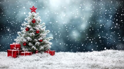 Obraz premium Snowy Christmas Tree with Red Ornaments and Gifts