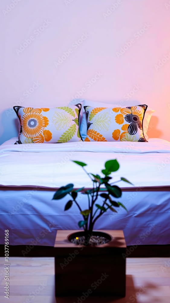 Poster white bed with patterned pillows a plant a serene setting