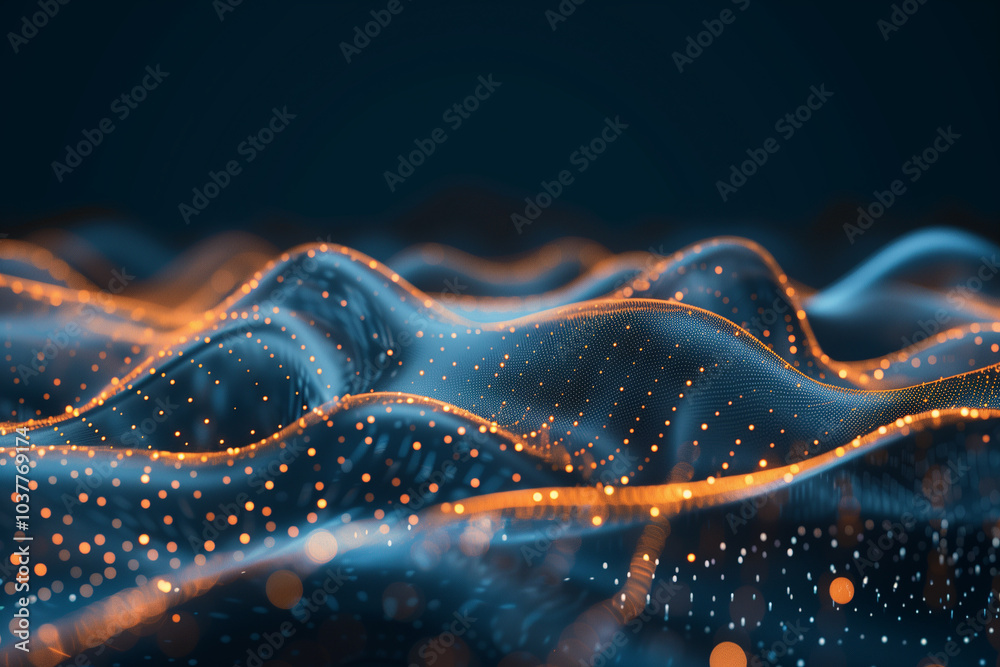 Poster cyber tech background abstract 3d digital waveforms with glowing points of light, resembling a futur