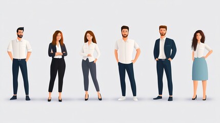 Obraz premium A diverse group of six professionals standing confidently, showcasing modern business attire and teamwork.