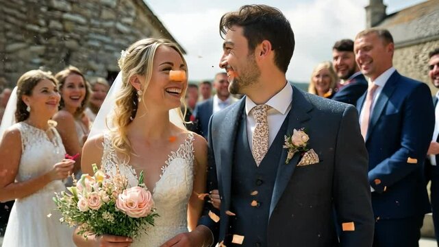 Happy wedding pictures of the bride and husband. a joyful couple celebrating their marriage with loved ones.