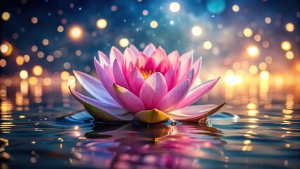 Magical pink lotus flower floating on water with shimmering blossom lights and bokeh background. Fisheye