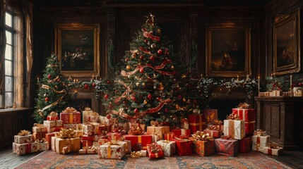 Christmas Tree in a Vintage Setting with Presents