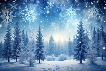 Fototapeta premium Magical winter scene with snowflakes falling in a forest covered in snow