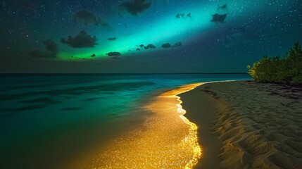 A breathtaking view of the Milky Way galaxy shining over a calm ocean and sandy beach.