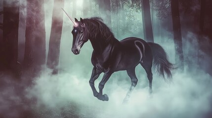 Obraz premium A black unicorn with a glowing horn gallops through a misty forest.