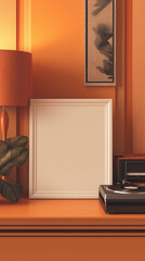 modern living room, blank frame on a table, an orange lamp and a record player, retro interior