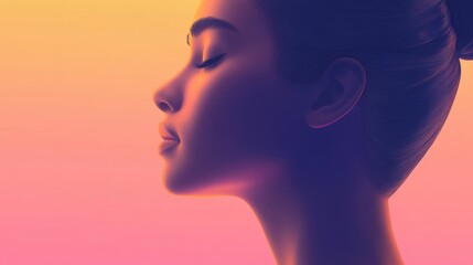 Obraz premium A serene profile of a woman against a soft gradient backdrop, depicting calmness and contemplation in vibrant hues.