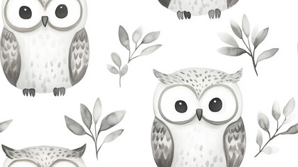 Fototapeta premium Seamless pattern of cute watercolor owls and leaves, nursery, kids, baby, animal, nature, childish, wallpaper, fabric