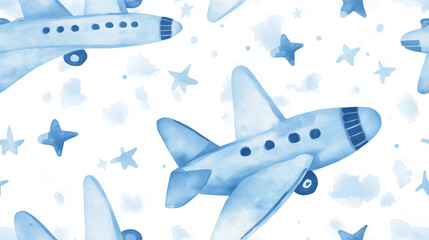 Naklejka premium Seamless Watercolor Pattern with Blue Airplanes and Stars on White Background