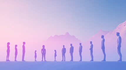 A silhouette of diverse figures standing in line against a pastel sunrise, symbolizing unity and individuality in a serene landscape.