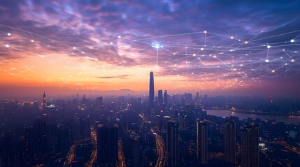 Fototapeta premium Wireless network and Connection technology concept with Abstract Bangkok city background in panorama view. 