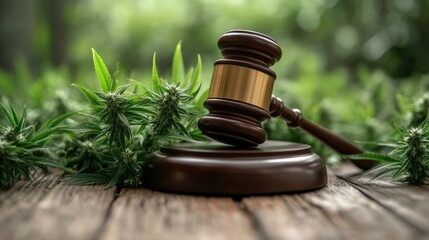 Gavel striking near a cannabis leaf, representing the ongoing legal challenges and discussions in the cannabis industry
