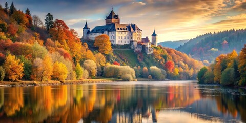 Majestic castle overlooking river surrounded by autumn foliage