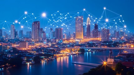 Fototapeta premium Wireless network and Connection technology concept with Abstract Bangkok city background in panorama view. 