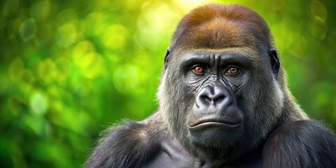Naklejka premium Majestic gorilla with steady gaze on green background bird eye view