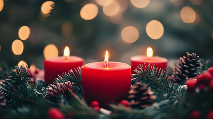 Cozy red candles glowing amidst festive decorations on Christmas Advent Day celebration