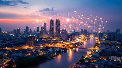 Obraz premium Wireless network and Connection technology concept with Abstract Bangkok city background in panorama view. 