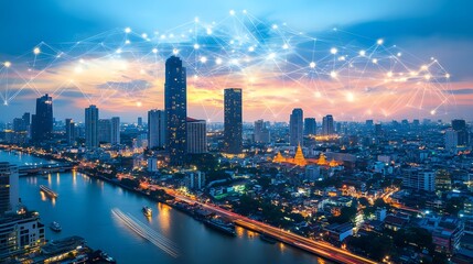 Fototapeta premium Wireless network and Connection technology concept with Abstract Bangkok city background in panorama view. 