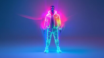 A vibrant, neon-clad figure stands confidently against a glowing backdrop, showcasing modern streetwear and dynamic light effects.
