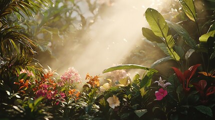 A serene garden filled with a variety of flowers and botanicals, featuring a soft mist and sunlight filtering through leaves