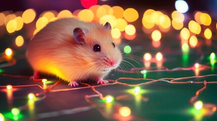A cute hamster sits among colorful Christmas lights.