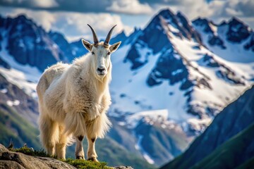 Fototapeta premium Majestic mountain goat posing with snow capped peaks in the background