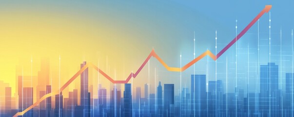 Fototapeta premium An abstract representation of financial growth with rising graphs against a city skyline and sunrise.