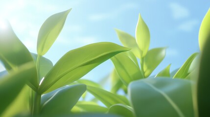 Obraz premium Bright green leaves basking in the sun, showcasing nature's beauty with a clear blue sky in the background.