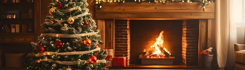 Obraz premium Decorated Christmas Tree with Fireplace and Festive Lights