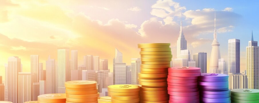 Colorful coins stacked against a vibrant city skyline at sunrise, symbolizing wealth and prosperity in a modern urban landscape.