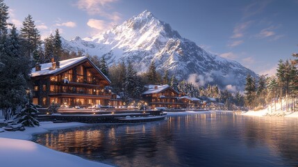 Fototapeta premium Winter Wonderland Cabin Village with Mountain View and Lake