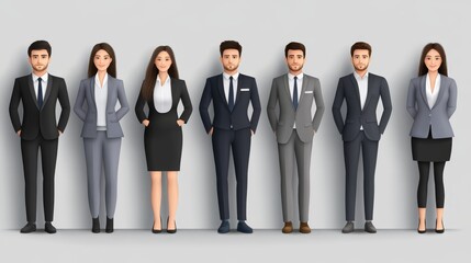 Fototapeta premium Diverse group of business professionals in formal attire, standing confidently against a neutral background, showcasing teamwork and leadership.