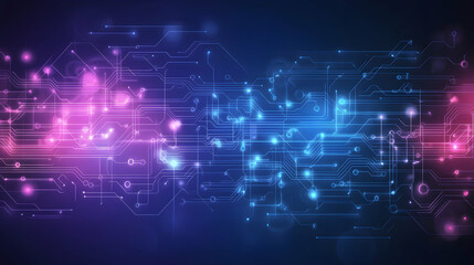 Blue and purple technology background with intertwining circuits, merging design and innovation  -