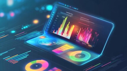 Obraz premium Futuristic laptop with vibrant data visualizations and colorful graphs representing digital analysis and statistics.