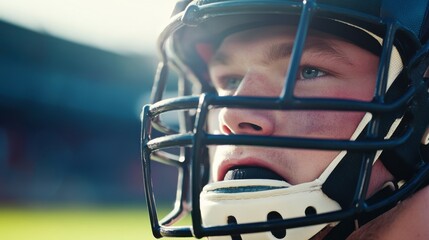 A rugby scrum cap and mouth guard, stadium setting with rugby players, Intense style