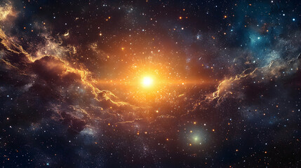 A cosmic 3D cartoon vista of the Sun glowing amidst twinkling stars and cosmic dust, evoking a sense of wonder and the infinite.