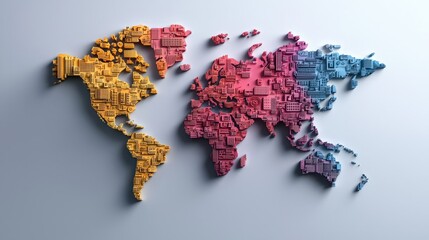 Colorful 3D Map of the World with Architectural Elements