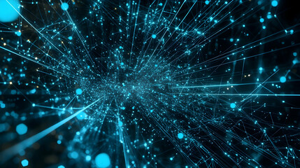 Naklejka premium Digital network illustration with data flow and connections in a blue color scheme, representing technology -