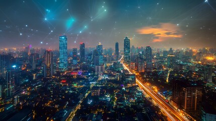 Wireless network and Connection technology concept with Abstract Bangkok city background in panorama view. 