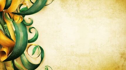 Vintage-style background with green and yellow ribbons, adorned with gold accents, creating an elegant and classic look.